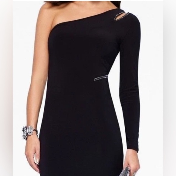 🆕 Cache x Tina Knowles Elegant Black One-Shoulder Dress with Rhinestones Zipper - Picture 7 of 12